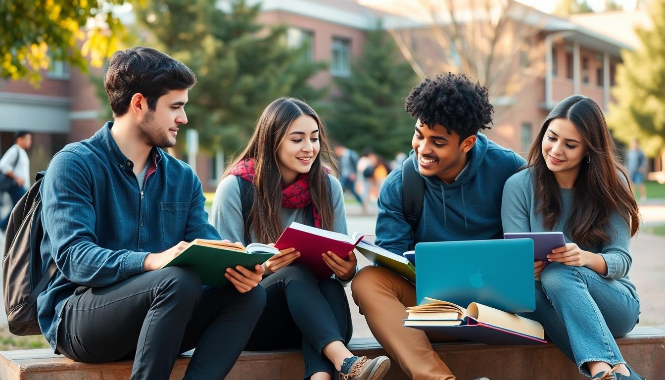 Students studying together in modern classroom
